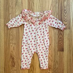 Pink and Cream Leaf Romper with Ruffled Collar